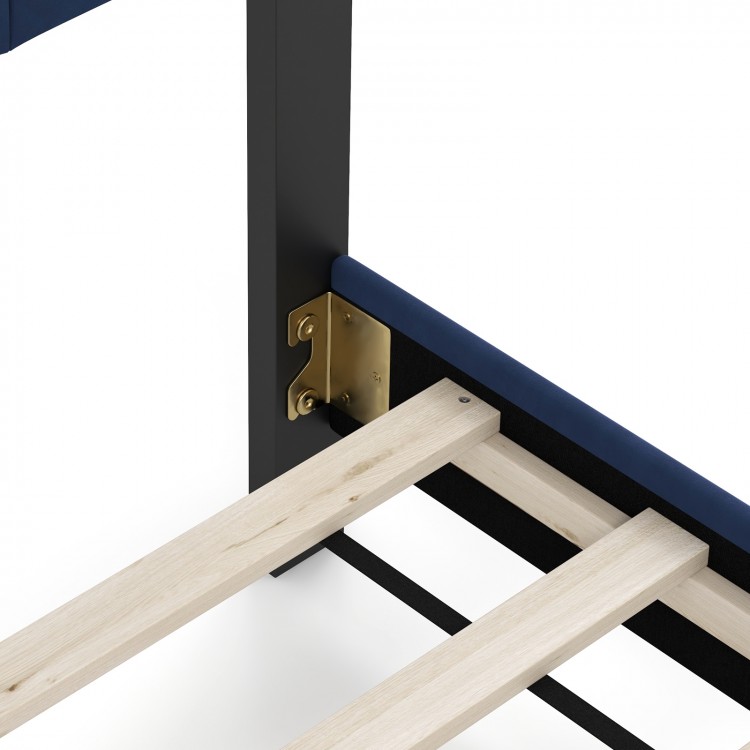 Close-up of the wooden slats and metal connection of the Queen Size Velvet Bed Frame with tufted headboard for sturdy.