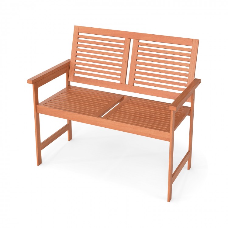 Two-person outdoor wooden bench with slatted backrest and seat, ideal for patio or garden relaxation.