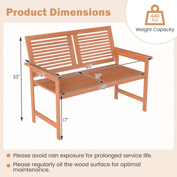 Outdoor wooden bench dimensions showing slatted backrest, 2-person capacity, and solid wood construction for patio use.