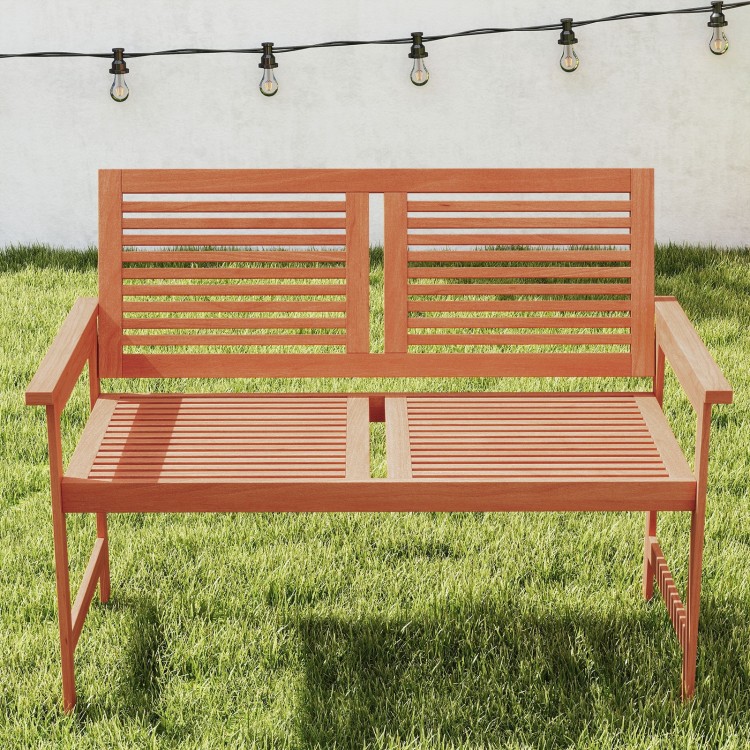 Two-person outdoor wooden bench with slatted backrest, ideal for patio or garden relaxation.