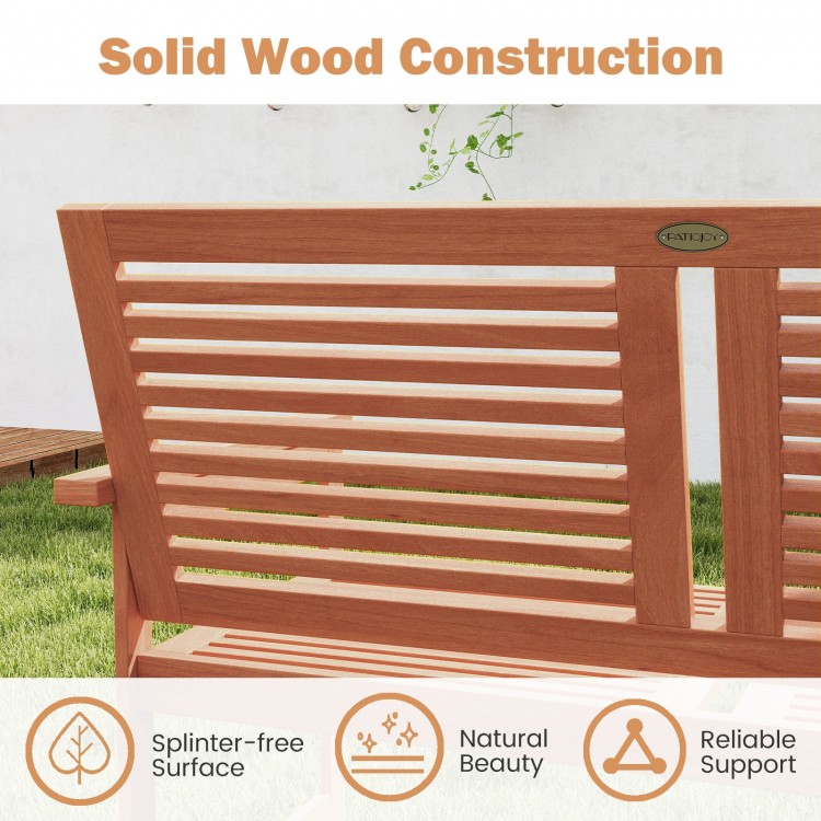 Close-up of the slatted backrest of the outdoor wooden bench, showcasing solid wood construction and natural beauty.