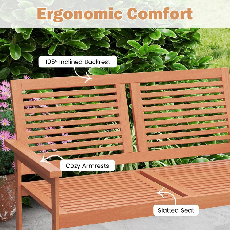 Close-up of the Outdoor Wooden Bench showing the slatted backrest and seat, designed for ergonomic comfort for two.