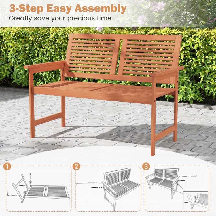 Outdoor wooden bench for 2 with slatted backrest, easy 3-step assembly, perfect for patio or garden relaxation.
