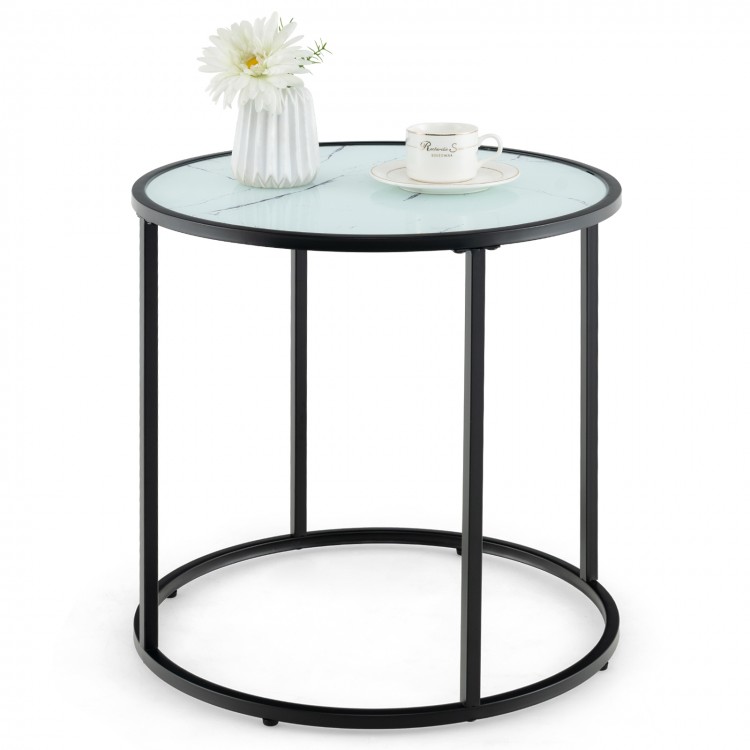 Round 20-inch glass end table with a black metal frame and faux marble top, perfect for living room or balcony use.
