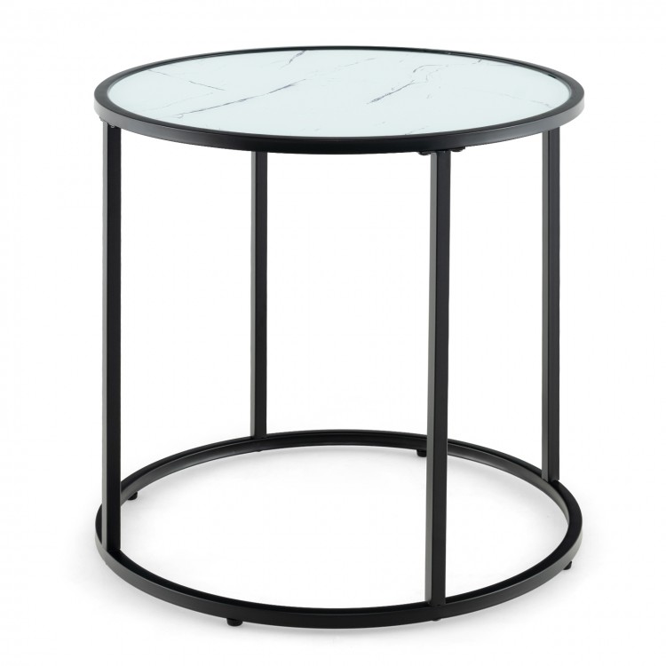 20-inch end table featuring a smooth faux marble glass top and sturdy black metal frame, ideal for modern living spaces.