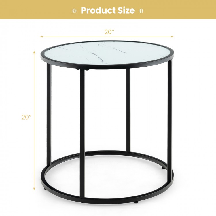 Round 20-inch end table with a black metal frame and faux marble glass top, perfect for living rooms or bedrooms.