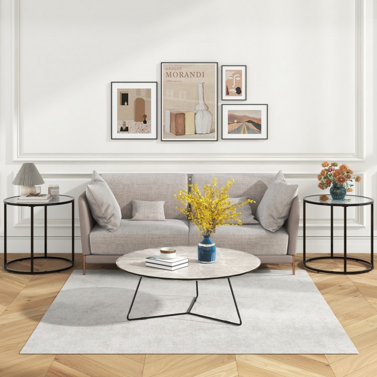 20-inch glass end table with a black metal frame and faux marble top, perfect for living room or bedroom decor.