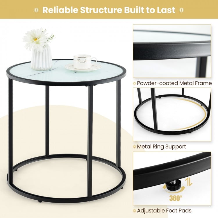 20-inch round end table with a black metal frame and faux marble glass top, perfect for living room or balcony use.