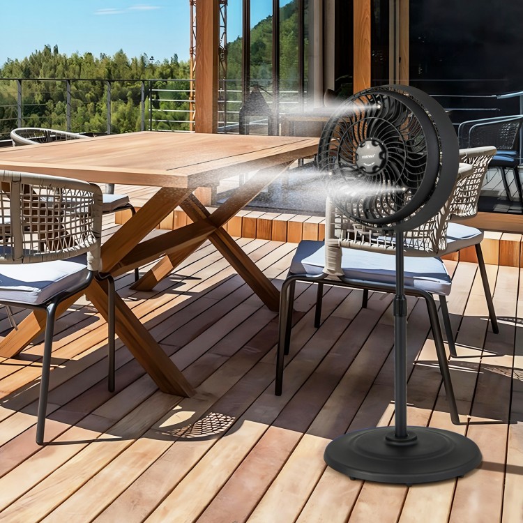 16-inch oscillating pedestal fan with misting feature, adjustable height, and stable base for outdoor patio cooling.