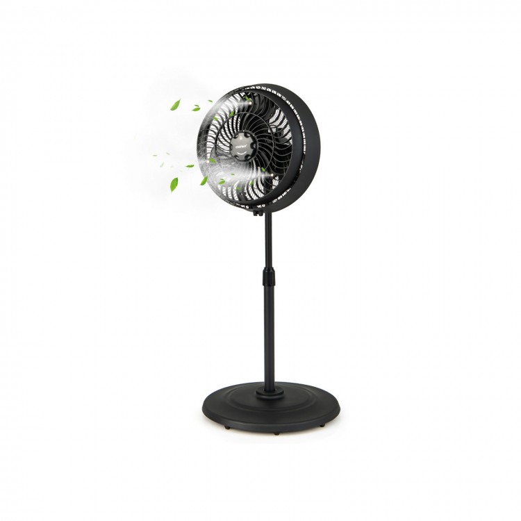 16-inch oscillating pedestal fan in black with adjustable height, 3 mist levels, ideal for outdoor patio and garden use.
