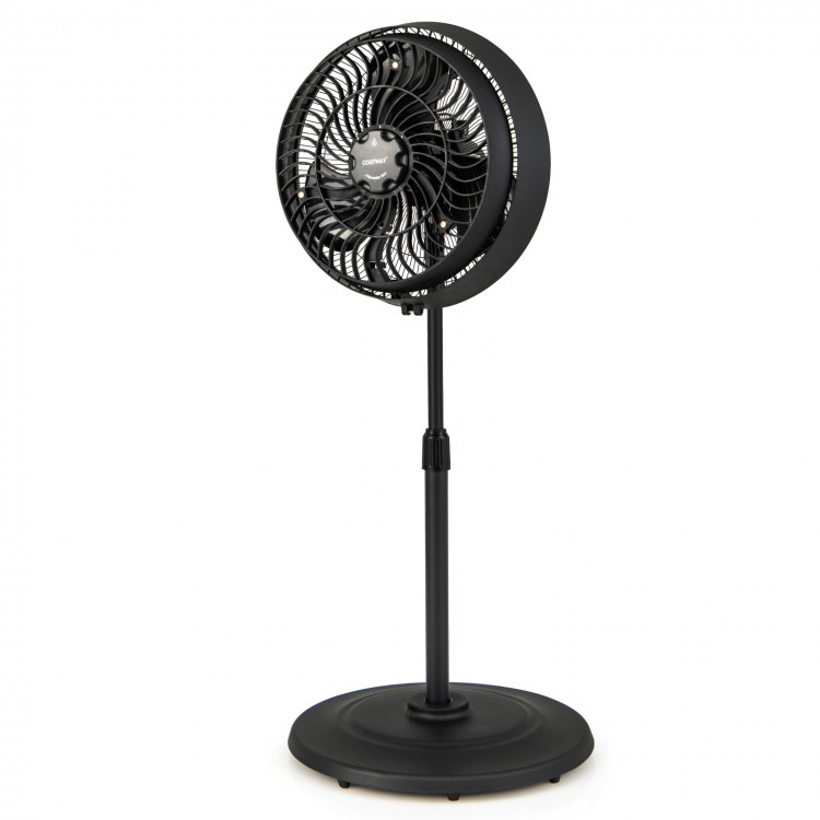 16-inch oscillating pedestal fan in black with adjustable height, 3 mist levels, and 90° oscillation for outdoor use.