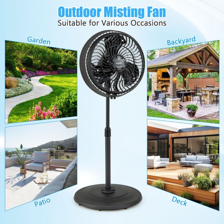 16-inch oscillating outdoor misting fan in black with adjustable height, ideal for patio and garden cooling.