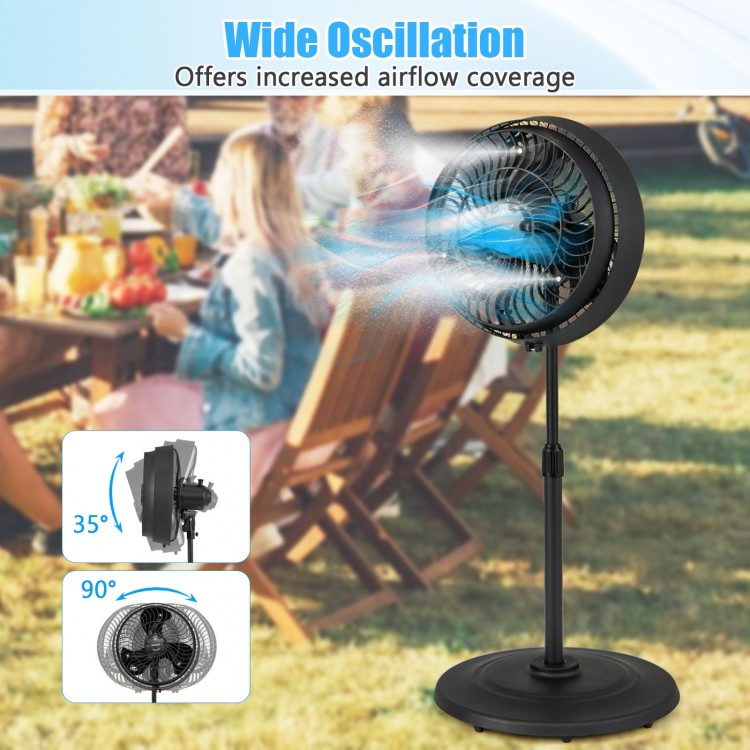 16-inch outdoor misting fan featuring 90° oscillation and hose connection for continuous cooling in patios and gardens.