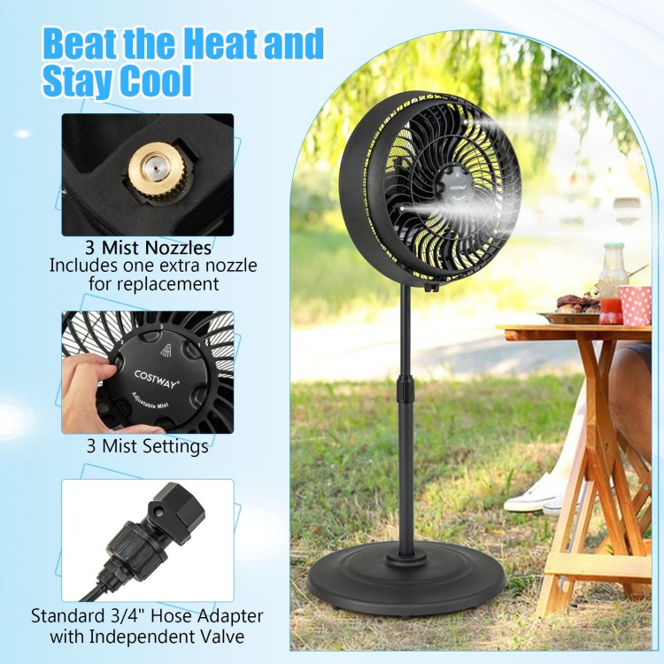 16-inch black outdoor misting fan with 3 mist levels and adjustable height, ideal for patio and poolside cooling.