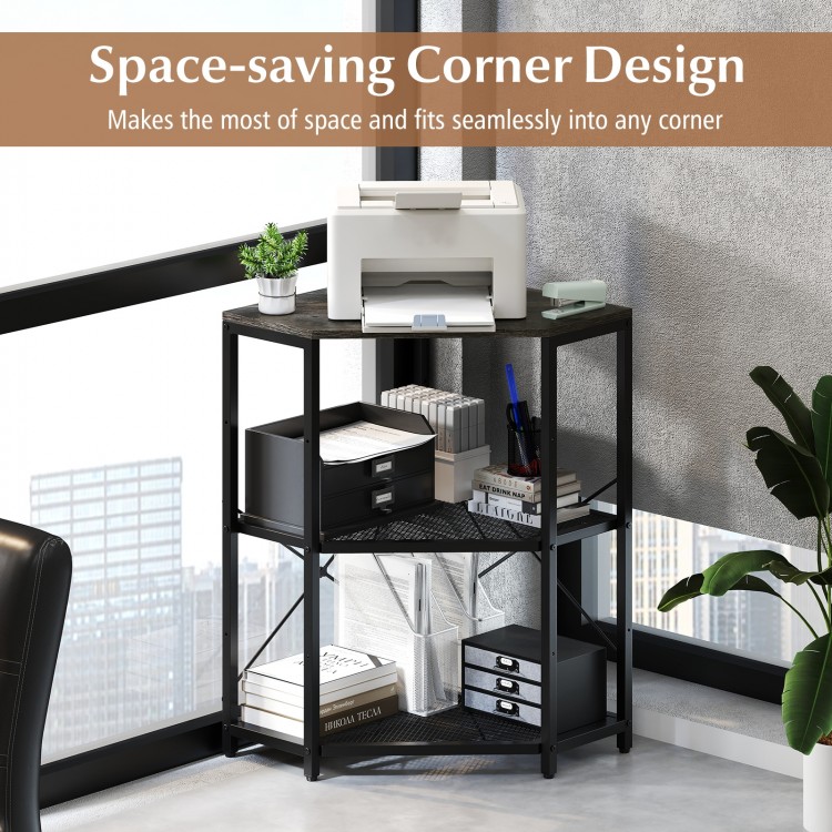 Corner printer stand with black metal frame, 3-tier adjustable shelves, and power outlet for efficient office.