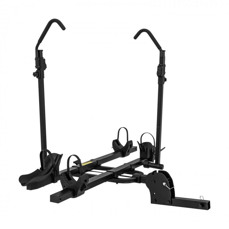 Tilt-able 2-inch hitch mount bike rack for 2 bikes, featuring adjustable wheel holders and durable metal construction.