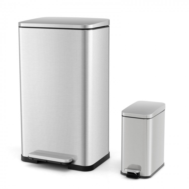 10.5 Gal and 1.6 Gal stainless steel step trash can combo set with detachable inner buckets for kitchen and office use.