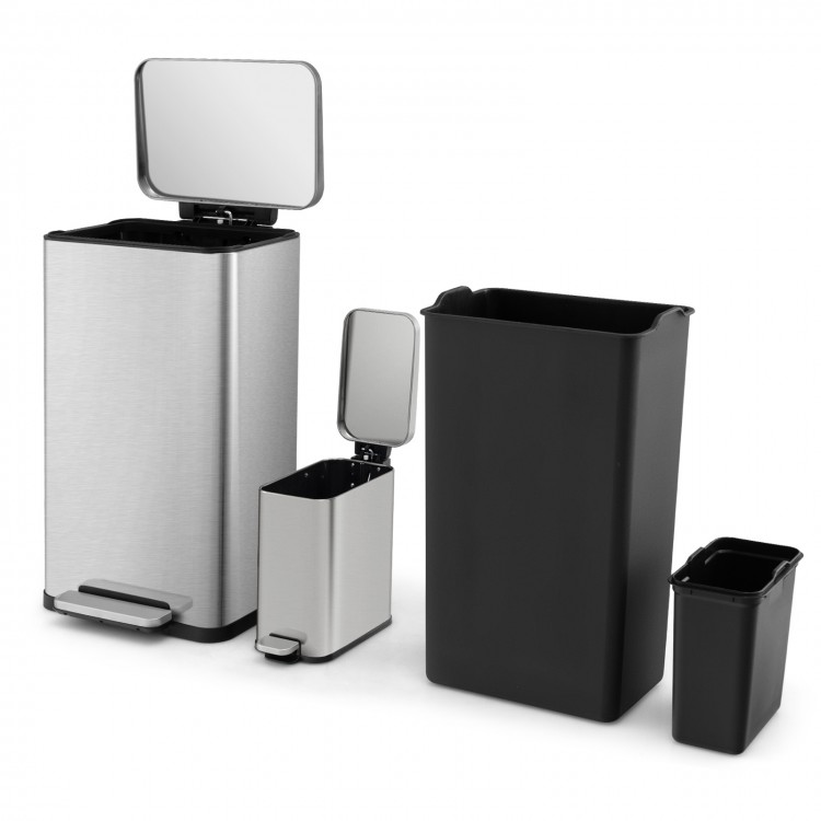 Step trash can combo set featuring a 10.5 gal stainless steel can and a 1.6 gal black can, ideal for kitchen and office.