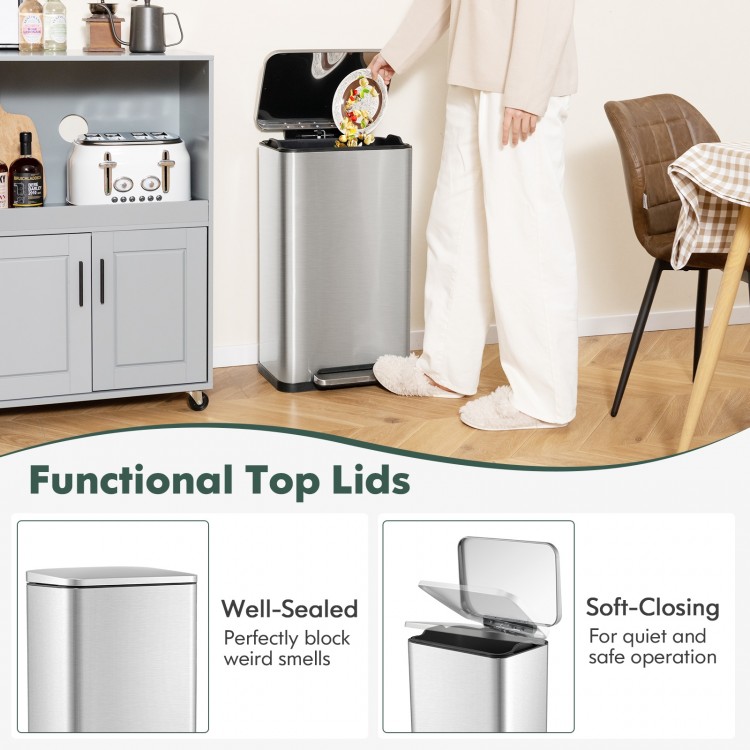 10.5 gal stainless steel step trash can with soft-closing lid and detachable inner bucket, ideal for kitchen and office.