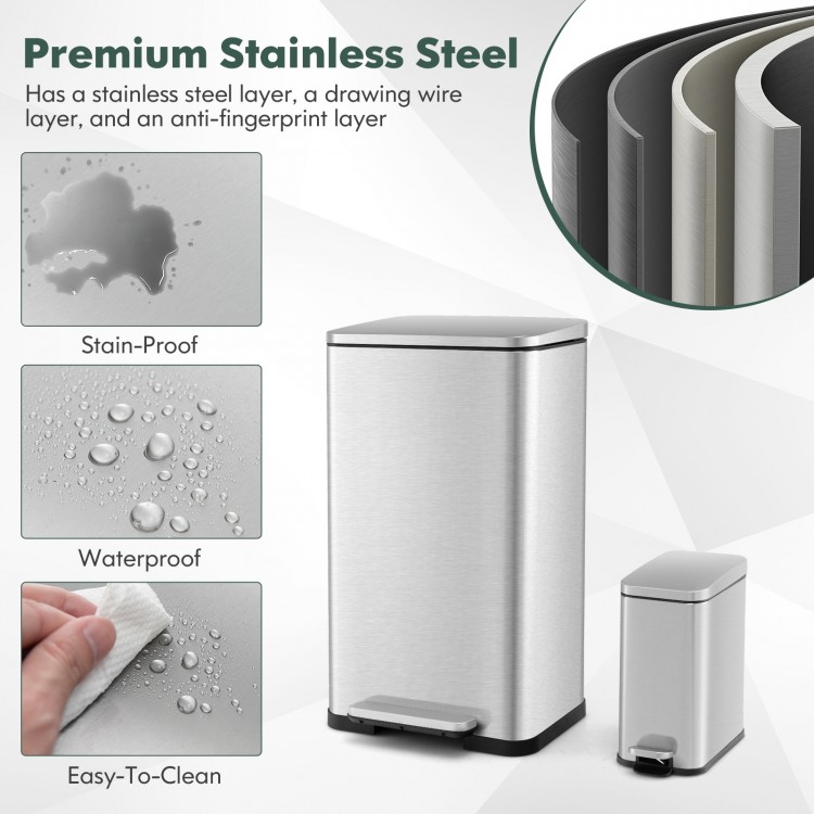 10.5 gal and 1.6 gal stainless steel step trash can combo set, stain-proof and easy-to-clean, ideal for home or office.