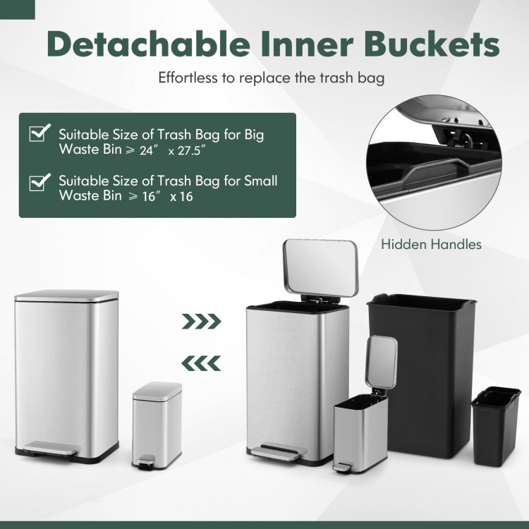 10.5 gal and 1.6 gal stainless steel trash can combo set with detachable inner buckets for easy waste disposal.