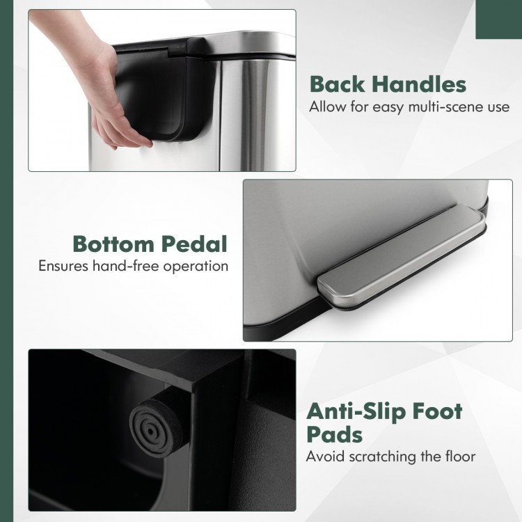 Close-up of the bottom pedal on the 10.5 Gal and 1.6 Gal step trash can combo for hands-free operation.