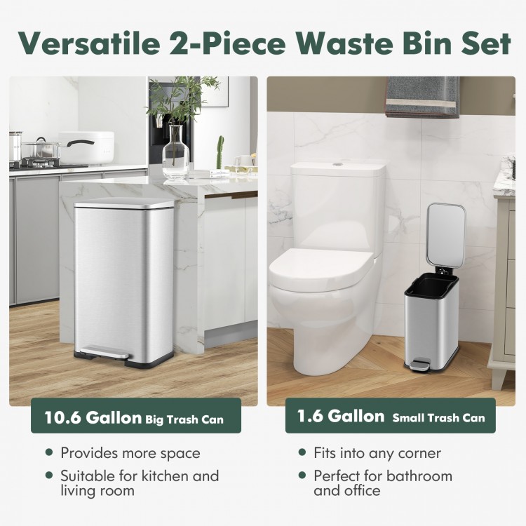 10.5-gallon and 1.6-gallon stainless steel trash can set, ideal for kitchen, bathroom, and office use with detachable.