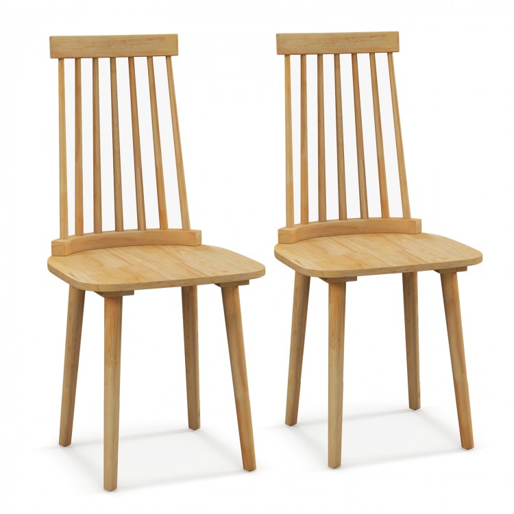 Set of 2 Windsor dining chairs with high spindle back, made of natural rubber wood, ideal for dining rooms.