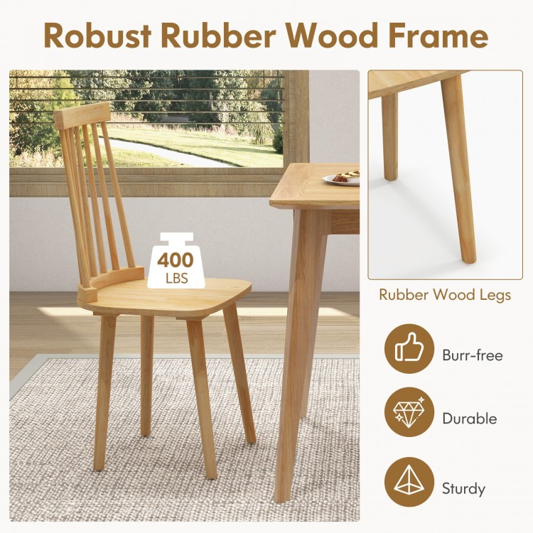 Windsor dining chair with high spindle back and natural rubber wood legs, supporting up to 400 lbs for dining room use.
