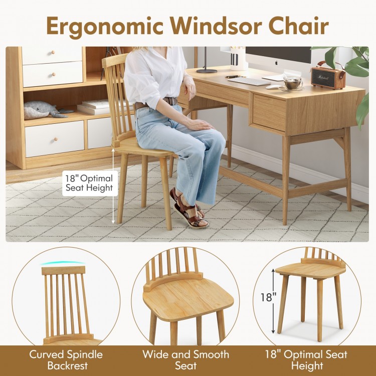 Windsor dining chair with ergonomic spindle back and natural rubber wood legs, 18" seat height for comfort and.