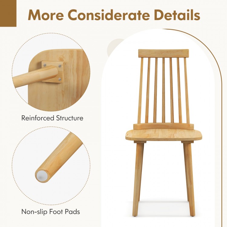Windsor dining chair with ergonomic spindle back, natural rubber wood legs, and anti-slip foot pads for stability.