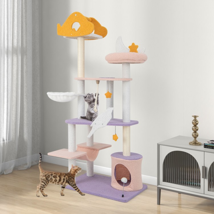 Multi-level 66-inch cat tree in purple with sisal scratching posts, cozy hammock, and playful cloud-shaped platform.