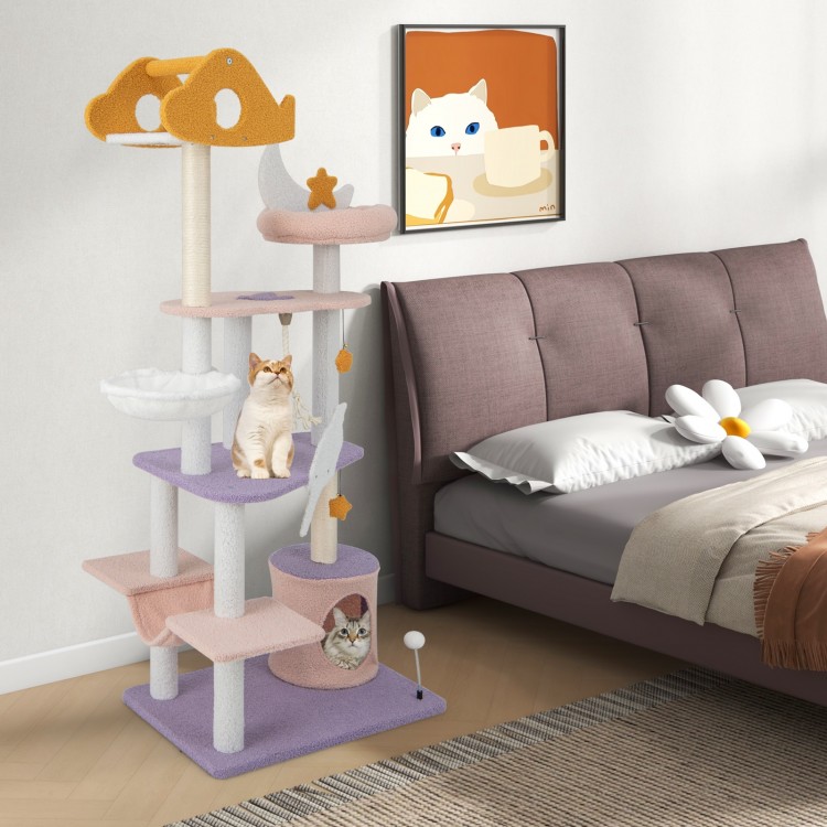 Multi-level 66-inch purple cat tree with sisal scratching posts, cozy hammock, and playful decorations for feline fun.
