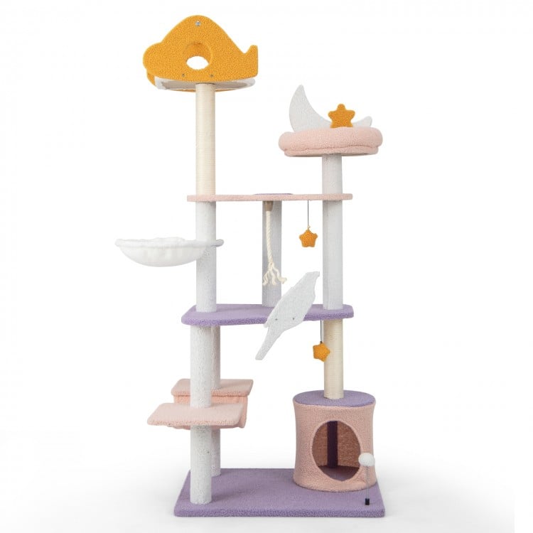 Multi-level 66-inch cat tree in purple with sisal scratching posts, cozy hammock, and whimsical bird decorations.