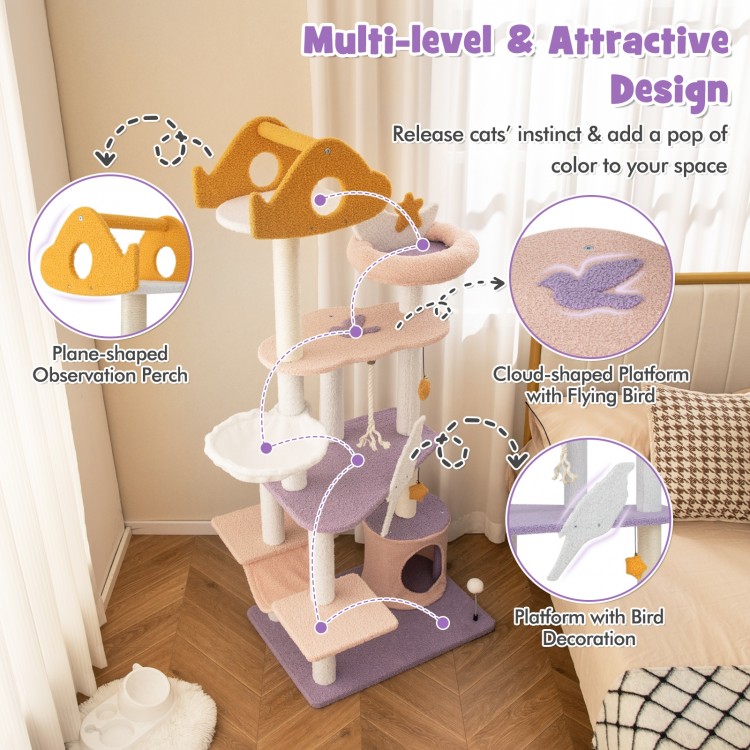 Multi-level 66-inch cat tree in purple with cloud-shaped platform, sisal scratching posts, and cozy hideaway condo.
