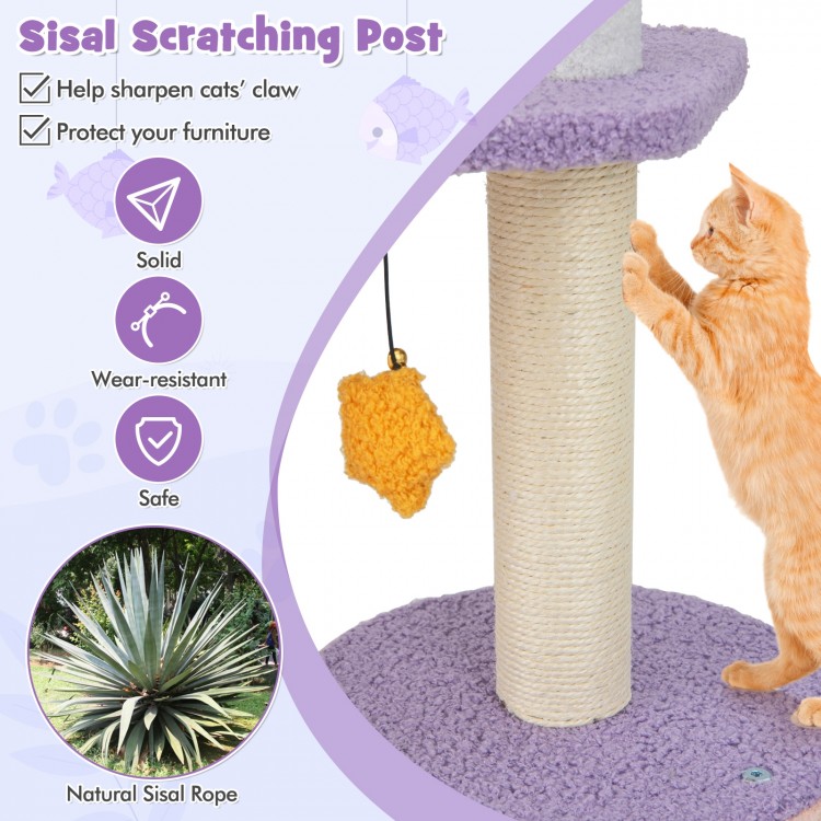 Multi-level 66-inch purple cat tree with sisal scratching posts, cozy hammock, and playful dangling balls for feline.