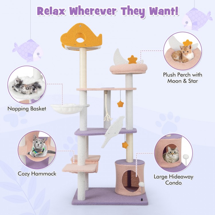 Multi-level 66-inch purple cat tree with plush perch, cozy hammock, and sisal scratching posts for playful cats.