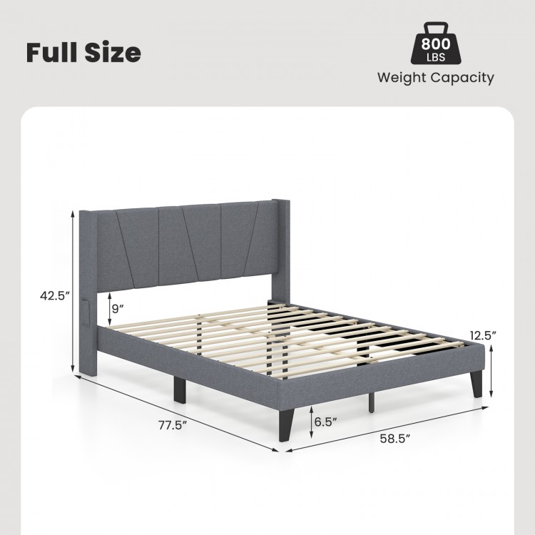 Full size bed frame with wingback headboard, wood slat support, and adjustable legs for stability and comfort.