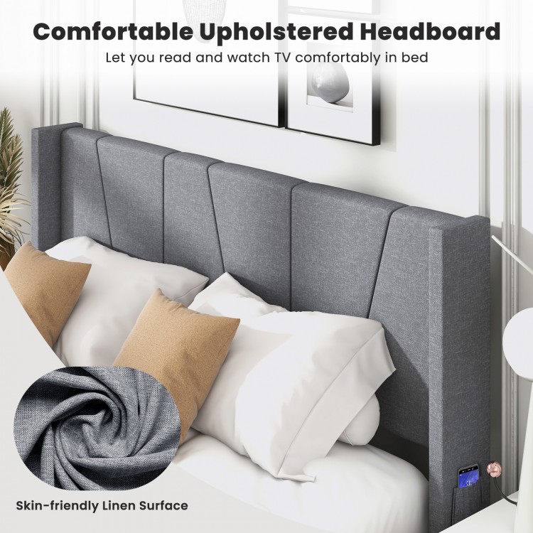 Upholstered wingback headboard in gray with comfy filling and side pockets, perfect for Full/Queen size bed frames.