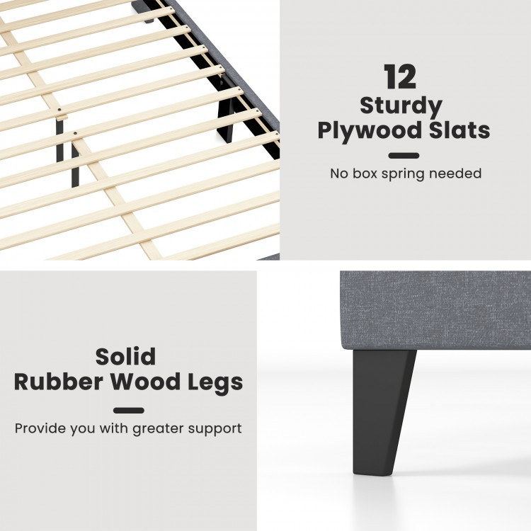 Full/Queen size bed frame with upholstered wingback headboard, 12 plywood slats, and solid rubber wood legs for support.