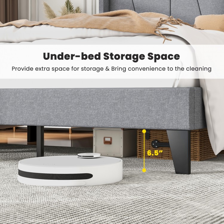 Full/Queen size bed frame with wingback headboard, featuring 6.5" under-bed storage clearance for easy cleaning.
