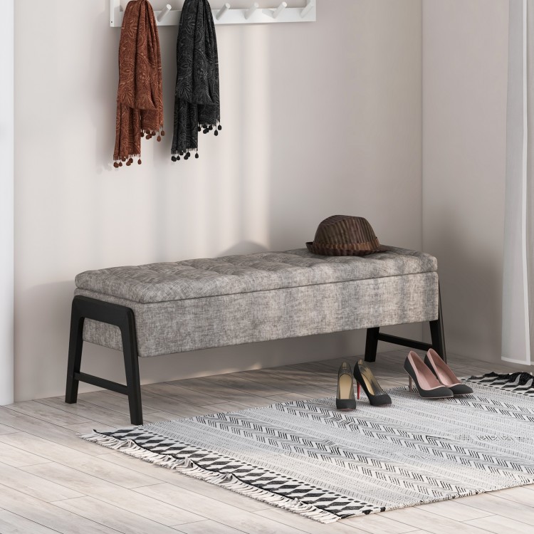 Modern gray chenille storage bench with rubber wood legs, featuring tufted design and additional storage for tidy.