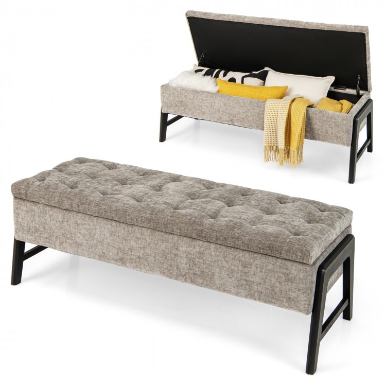 Gray modern chenille storage bench with tufted design and rubber wood legs, ideal for seating and organization.