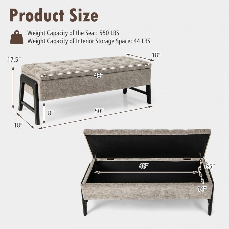 Modern gray chenille storage bench with rubber wood legs, tufted design, and dimensions for versatile use and storage.