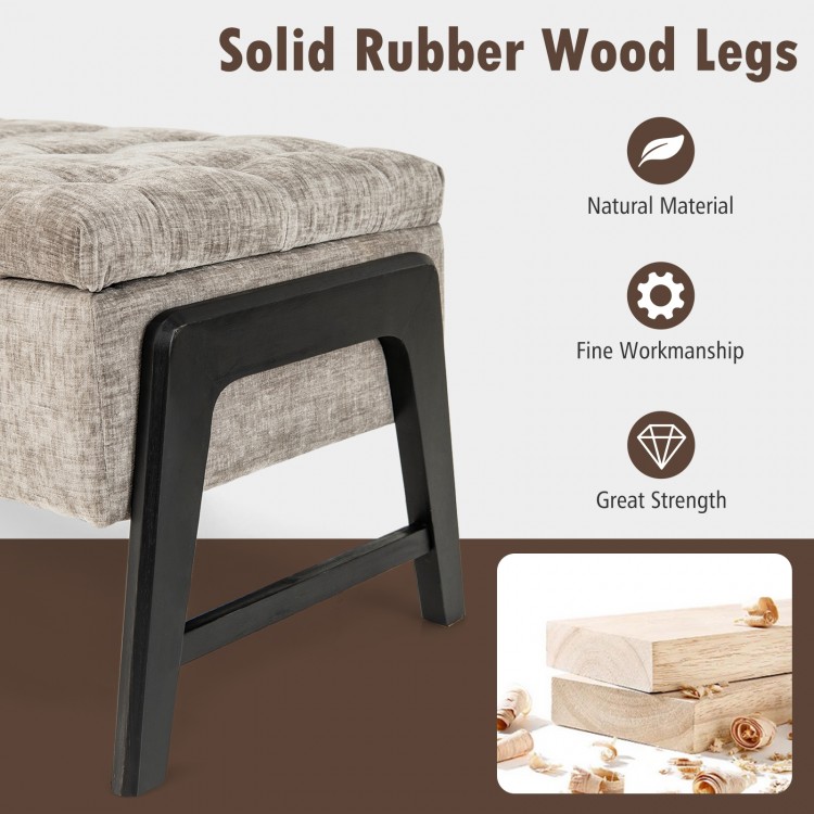 Close-up of the Modern Chenille Storage Bench showcasing solid rubber wood legs and tufted gray fabric for versatile.