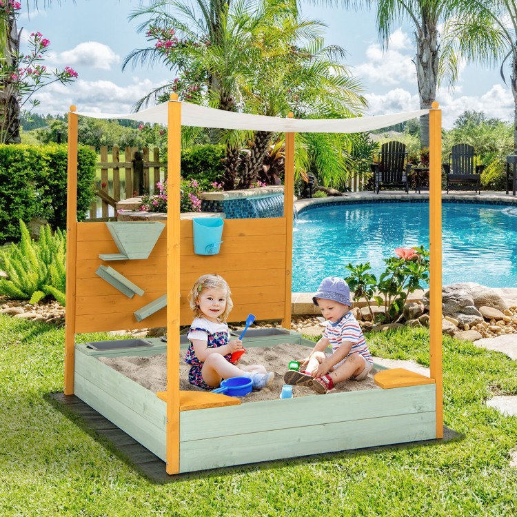 Kids sandbox with removable canopy, featuring a sand wall and built-in seats, perfect for outdoor play.