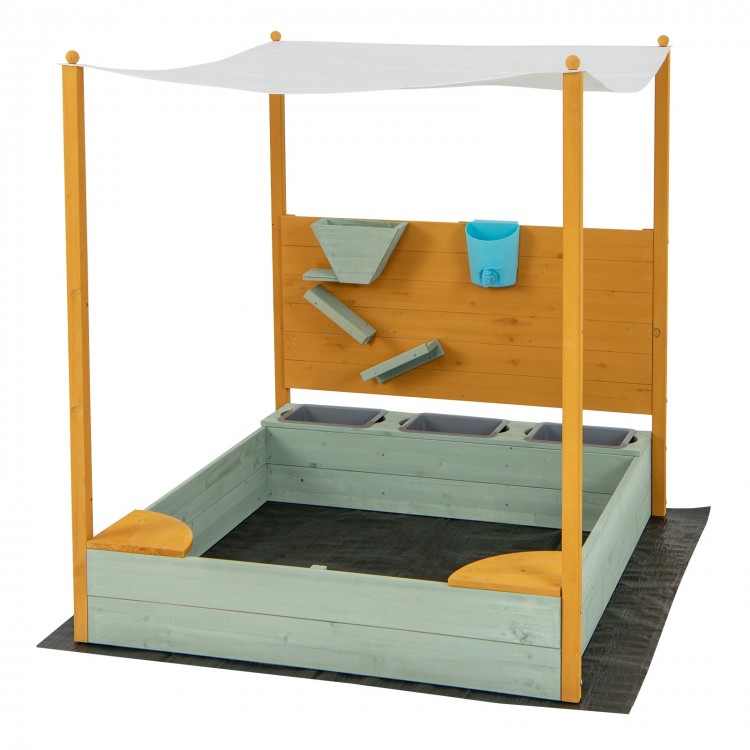 Kids sandbox with removable canopy, solid fir wood, sand wall, and water play features for outdoor fun.