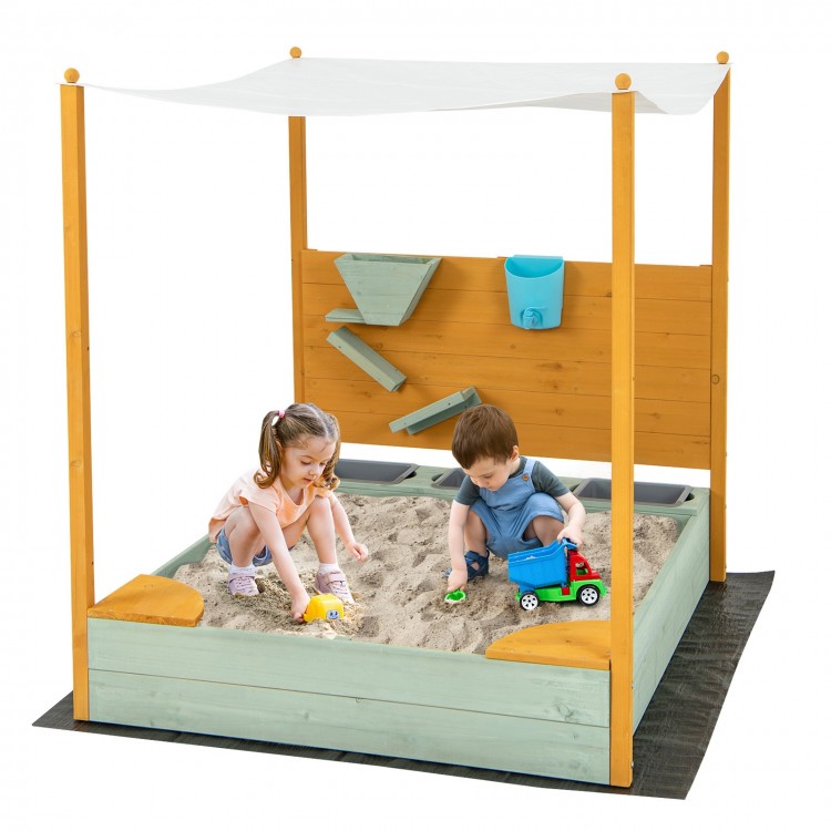 Kids sandbox with removable canopy, featuring a sand wall, corner seats, and durable fir wood for outdoor play.