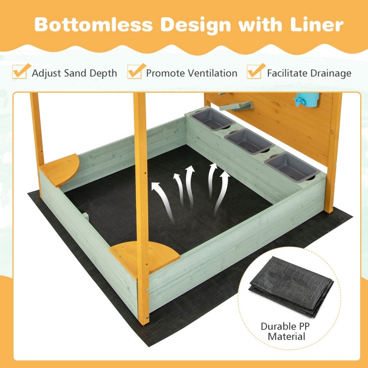 Bottomless kids sandbox with durable PP liner, featuring a solid fir wood frame and removable canopy for outdoor play.