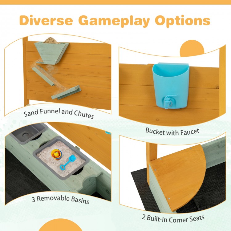 Kids sandbox featuring a sand wall, removable basins, and built-in corner seats for outdoor play and creativity.